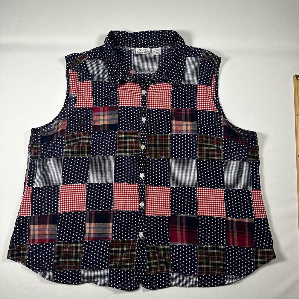 Vintage 90s Carolina Blues Plus Patchwork Patriotic Sleeveless Button Down Top